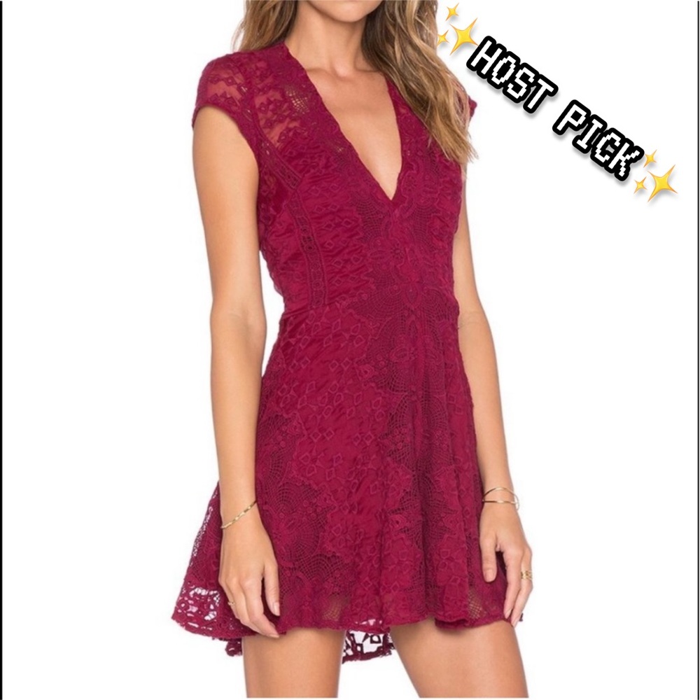 ♥️For Love & Lemons Burgundy Lace Mini Dress|Deep V-Neck|Romantic Party Style